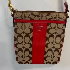 Coach Brown Signature Canvas Crossbody with Red Leather Accents